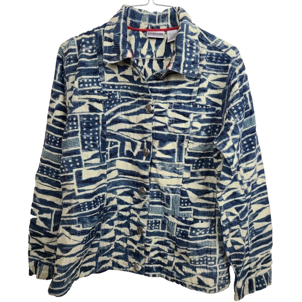 Chicos Wearable Art Jacket Womens Size Medium‎ Blue Cream Abstract Outdoor